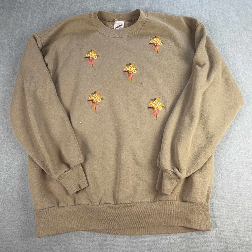 Vintage Jerzees Floral Embroidered Rhinestone Sweatshirt XL Tan Made in USA 90s